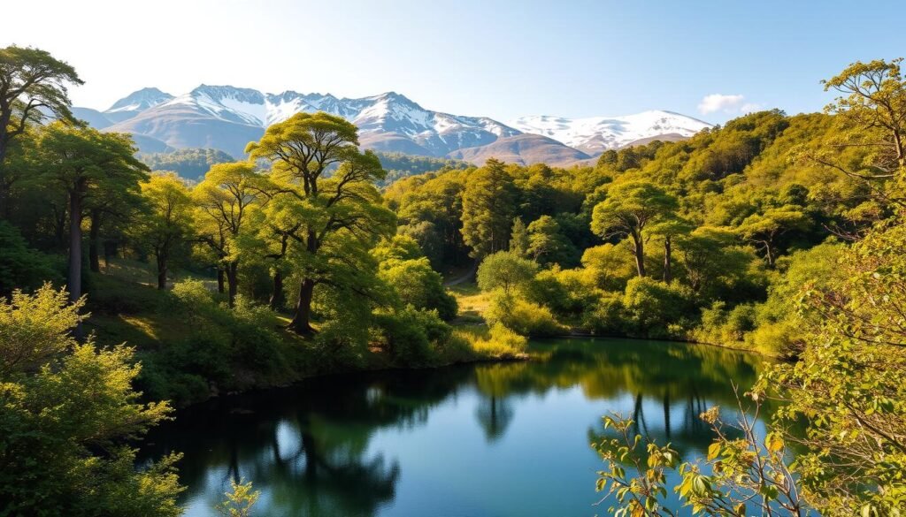 Serene landscape of a lush, verdant national park nestled in the heart of Ireland's rolling hills. Majestic mountains rise in the distant background, their peaks capped with a dusting of snow. In the foreground, a crystal-clear lake reflects the surrounding foliage, its surface like a mirror. Sunlight filters through the dense canopy of ancient oak and birch trees, casting a warm, golden glow over the scene. A winding hiking trail meanders through the understory, beckoning adventurers to explore the natural wonders of this idyllic outdoor haven. Serene landscape of a lush, verdant national park nestled in the heart of Ireland's rolling hills. Majestic mountains rise in the distant background, their peaks capped with a dusting of snow. In the foreground, a crystal-clear lake reflects the surrounding foliage, its surface like a mirror. Sunlight filters through the dense canopy of ancient oak and birch trees, casting a warm, golden glow over the scene. A winding hiking trail meanders through the understory, beckoning adventurers to explore the natural wonders of this idyllic outdoor haven.