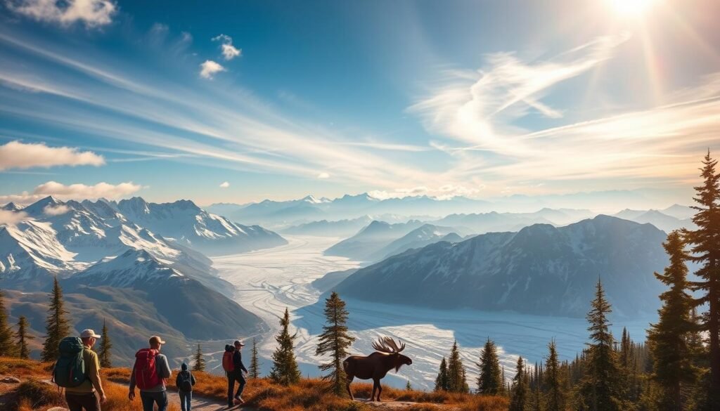 Serene landscapes of snow-capped mountains, rugged glaciers, and pristine wilderness stretch across the vast panorama of Alaska. In the foreground, a group of hikers explore a scenic trail, their backpacks and hiking gear suggesting a multi-day adventure. Shafts of golden sunlight filter through wispy clouds, casting a warm glow over the scene. In the middle ground, a majestic moose stands among the tall, evergreen trees, adding a touch of wildlife to the captivating vista. The background is dominated by the breathtaking silhouettes of distant, jagged peaks, hinting at the boundless wonder and solitude that awaits the intrepid traveler in this untamed, northern realm. Serene landscapes of snow-capped mountains, rugged glaciers, and pristine wilderness stretch across the vast panorama of Alaska. In the foreground, a group of hikers explore a scenic trail, their backpacks and hiking gear suggesting a multi-day adventure. Shafts of golden sunlight filter through wispy clouds, casting a warm glow over the scene. In the middle ground, a majestic moose stands among the tall, evergreen trees, adding a touch of wildlife to the captivating vista. The background is dominated by the breathtaking silhouettes of distant, jagged peaks, hinting at the boundless wonder and solitude that awaits the intrepid traveler in this untamed, northern realm.
