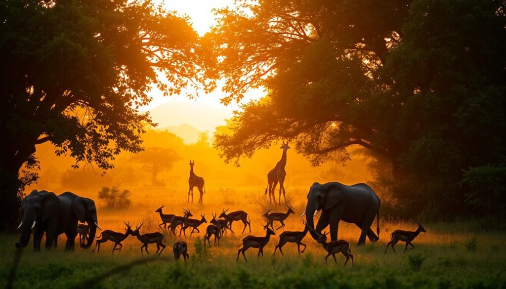 Serene safari scene at dusk, warm golden sunlight filtering through lush, verdant foliage. In the foreground, a family of elephants grazing peacefully, their massive forms silhouetted against the backdrop. In the middle ground, a herd of impala bounding across the savanna, their graceful leaps captured in sharp focus. In the distance, a lone giraffe stands tall, its elongated neck reaching up to pluck leaves from the canopy. The atmosphere is one of tranquility and wonder, inviting the viewer to immerse themselves in the rhythms of the African wilderness.