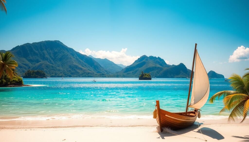 Serene tropical islands dotting a shimmering azure sea, swaying palm trees casting gentle shadows on pristine white sand beaches. In the foreground, a lone wooden boat with billowing sails glides across the tranquil waters. The middle ground features lush, verdant hills rising up from the coastline, capped with towering volcanic peaks. A warm, golden glow bathes the scene, as if illuminated by a setting sun. The entire landscape is imbued with a sense of timeless, untouched beauty, a peaceful oasis that invites the viewer to escape and dream.