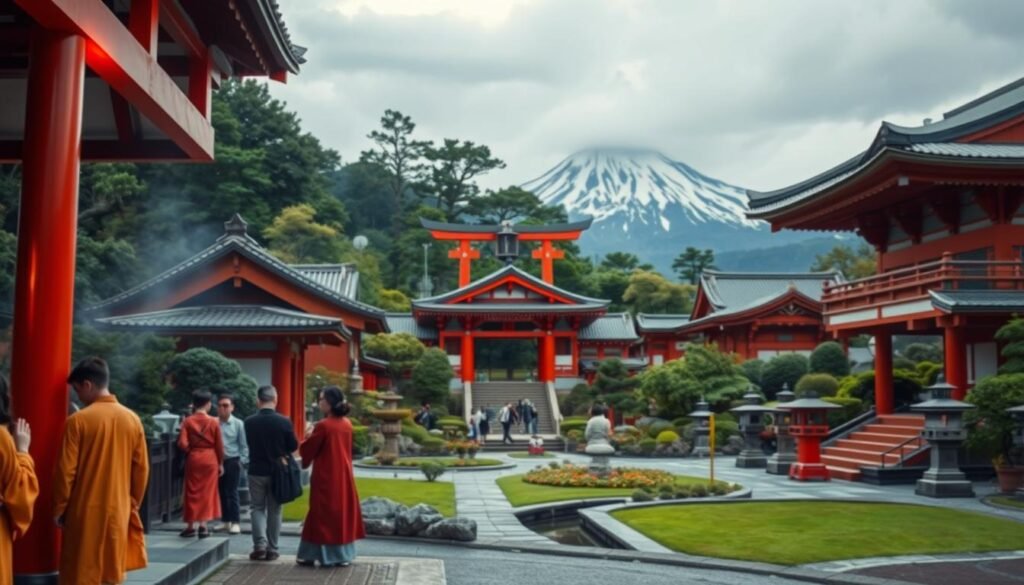 Shrines nestled amidst lush green landscapes, adorned with vermilion torii gates and intricate architectural details. In the foreground, worshippers offer prayers and light incense, their robes flowing gently in the breeze. The middle ground showcases manicured gardens, with koi ponds and stone lanterns guiding the way. In the background, snow-capped mountains rise, evoking a sense of timeless spirituality. Soft, diffused lighting casts a warm, reverent glow, capturing the essence of Japan's enduring cultural and religious heritage. A wide-angle lens frames the scene, inviting the viewer to step into this peaceful, contemplative realm.