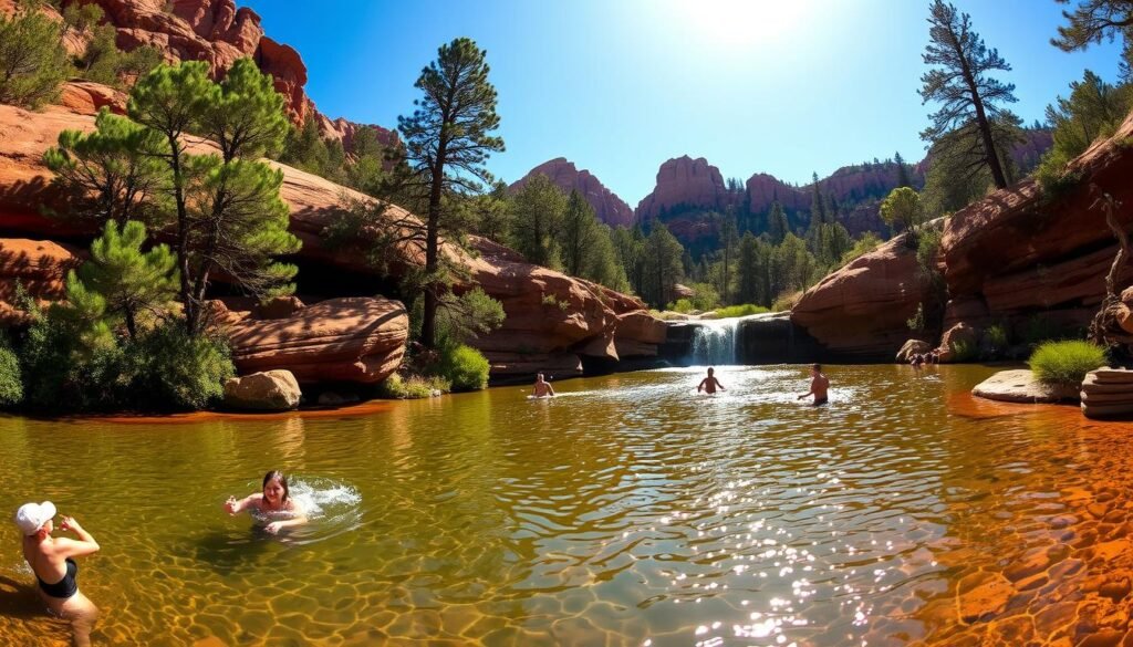 Slide Rock swimming holes, a picturesque oasis nestled in the heart of Sedona's iconic red rock landscape. Capture the serene flow of crystal-clear waters carving through the ancient sandstone, creating natural pools perfect for cooling off on a warm day. Sunlight dances across the surface, casting mesmerizing patterns and illuminating the vibrant hues of the surrounding cliffs. In the foreground, people wade and splash, their laughter echoing through the canyon. Towering pines and junipers frame the scene, adding a touch of verdant contrast to the rugged terrain. Wide-angle lens captures the grand scale of this idyllic natural wonder, inviting viewers to immerse themselves in the serene tranquility of Slide Rock State Park.