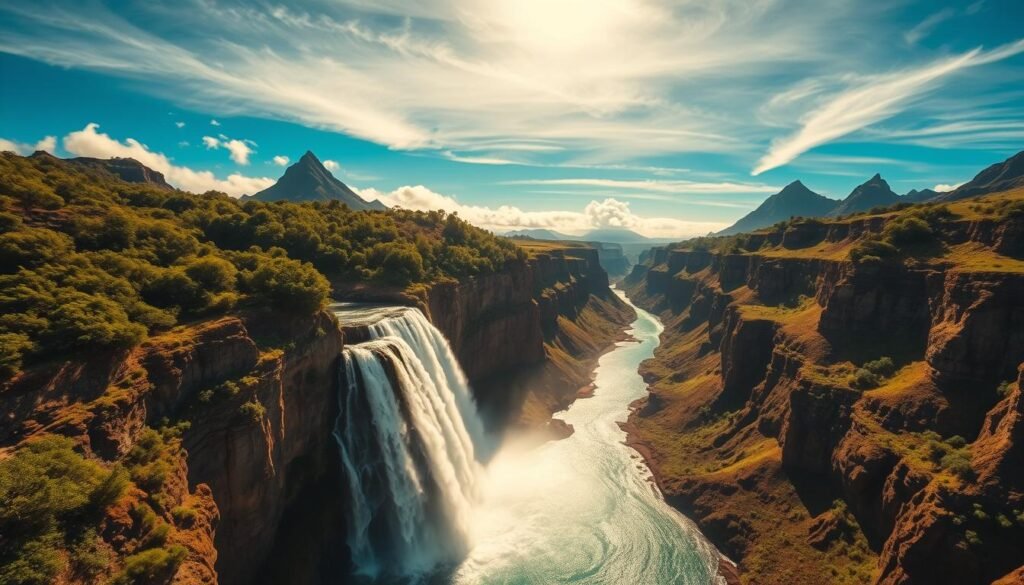 Soaring over Jurassic Falls, a stunning aerial vista unfolds. Lush, verdant cliffs cascade into a thundering, tiered waterfall, its crystalline waters plummeting into a tranquil turquoise pool below. Warm sunlight filters through wispy clouds, casting a soft, golden glow across the dramatic landscape. In the distance, rugged mountain peaks pierce the horizon, their jagged silhouettes silhouetted against a vivid azure sky. A wide-angle lens captures the breathtaking scale and grandeur of this primordial, untamed paradise, inviting the viewer to experience the awe-inspiring beauty of Kauai's Waimea Canyon from a unique, elevated perspective.