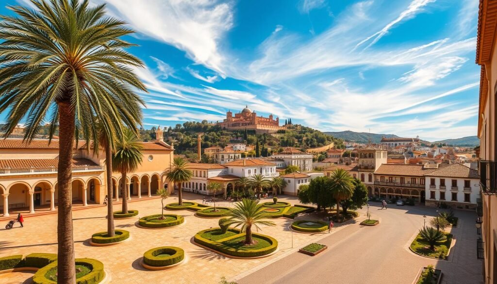 Sprawling Moorish architecture in a sun-dappled plaza, with manicured gardens and towering palm trees in the foreground. In the middle ground, cobblestone streets wind through charming whitewashed buildings, their red-tiled roofs glowing under the warm Andalusian light. In the background, the iconic Alhambra palace perches atop a lush, rolling hillside, its grand silhouette casting a regal presence over the historic city of Granada. Wispy clouds drift across a brilliant azure sky, lending an air of tranquil elegance to the scene. A medium-wide angle lens captures the harmonious blend of Moorish, Renaissance, and Baroque influences that define the architectural beauty of Seville. Sprawling Moorish architecture in a sun-dappled plaza, with manicured gardens and towering palm trees in the foreground. In the middle ground, cobblestone streets wind through charming whitewashed buildings, their red-tiled roofs glowing under the warm Andalusian light. In the background, the iconic Alhambra palace perches atop a lush, rolling hillside, its grand silhouette casting a regal presence over the historic city of Granada. Wispy clouds drift across a brilliant azure sky, lending an air of tranquil elegance to the scene. A medium-wide angle lens captures the harmonious blend of Moorish, Renaissance, and Baroque influences that define the architectural beauty of Seville.