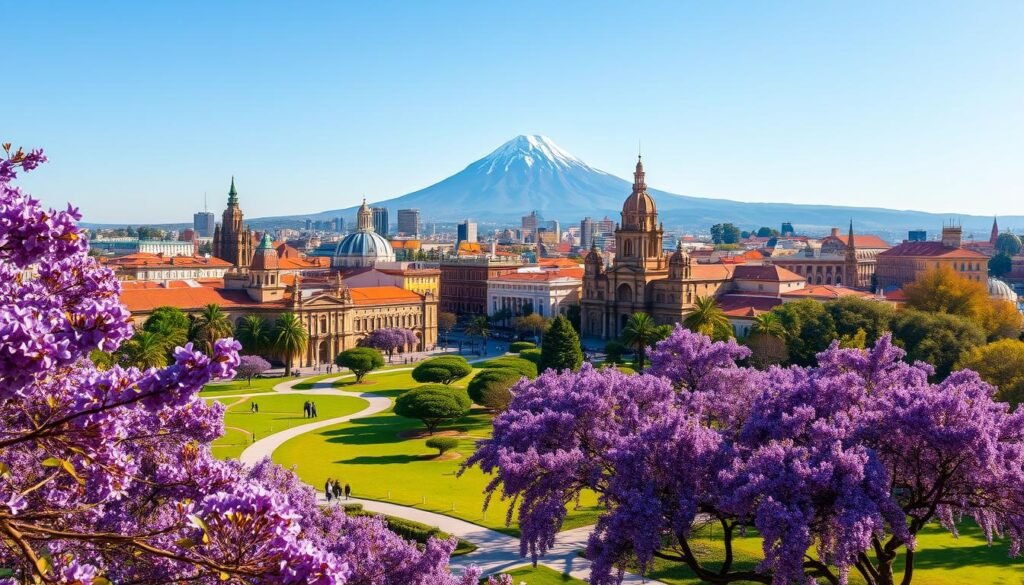 Spring in Mexico City, a vibrant display of color and life. A lush, verdant park in the foreground, dotted with blooming jacaranda trees, their purple blossoms cascading over winding paths. In the middle ground, historic colonial buildings stand tall, their terracotta roofs and ornate facades bathed in warm, golden sunlight. In the distance, the majestic Popocatépetl volcano rises against a clear, azure sky, hinting at the stunning natural beauty that surrounds this bustling metropolis. Pedestrians stroll leisurely, soaking in the mild spring air and the infectious energy of the city. A cinematic, wide-angle lens captures this idyllic scene, inviting the viewer to immerse themselves in the wonder of springtime in Mexico City.