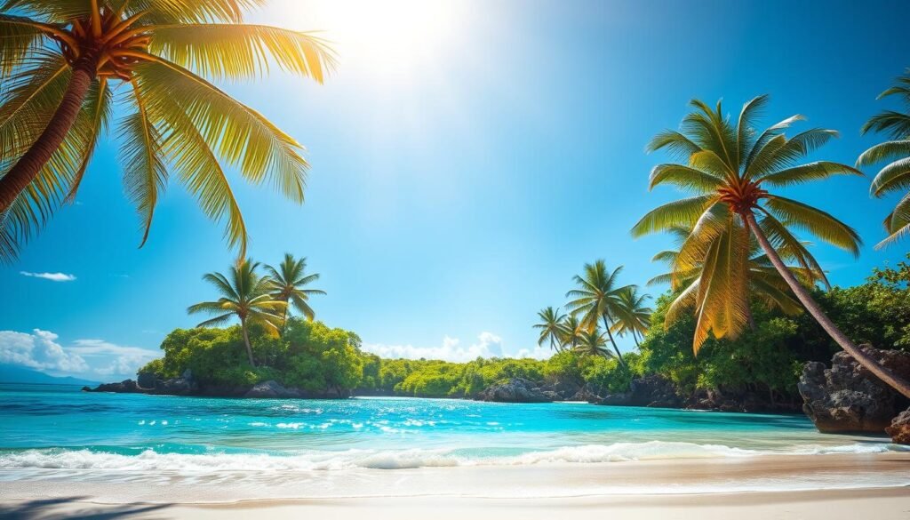 Stunning tropical island beaches with swaying palm trees and crystal-clear turquoise waters. Soft white sand meeting azure skies, accented by vibrant green foliage in the lush middle ground. Sunlight streams in from a golden hour angle, casting a warm, dreamy glow over the scene. Tranquil waves gently lap the shore, inviting visitors to sink their toes into paradise. Serene and picturesque, this idyllic island landscape exudes a sense of pure, unbridled relaxation. Stunning tropical island beaches with swaying palm trees and crystal-clear turquoise waters. Soft white sand meeting azure skies, accented by vibrant green foliage in the lush middle ground. Sunlight streams in from a golden hour angle, casting a warm, dreamy glow over the scene. Tranquil waves gently lap the shore, inviting visitors to sink their toes into paradise. Serene and picturesque, this idyllic island landscape exudes a sense of pure, unbridled relaxation.