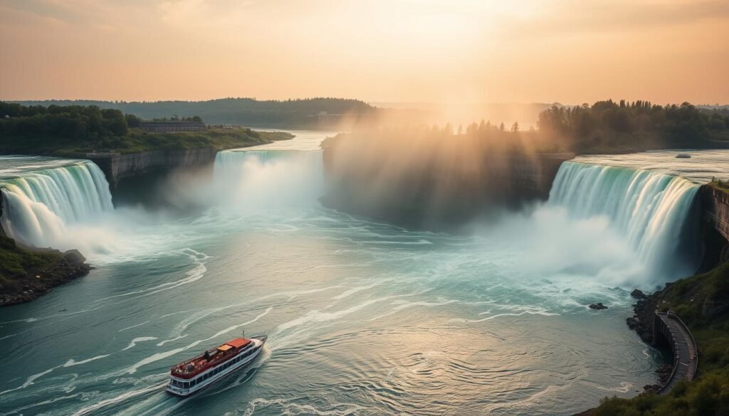 Sweeping landscape of the American side of Niagara Falls, captured in a wide-angle shot that showcases the majestic waterfalls cascading over the rocky cliffs. The foreground features the iconic Maid of the Mist tour boats navigating the churning waters, while the middle ground is dominated by the horseshoe-shaped falls, their thundering roar echoing through the misty air. In the background, the lush greenery of the Niagara Gorge provides a verdant contrast to the raging waters. Soft, diffused lighting casts a warm, golden glow over the scene, evoking a sense of awe and tranquility amidst the power of nature. The composition emphasizes the scale and grandeur of the American side, inviting the viewer to experience the breathtaking beauty of this natural wonder.
