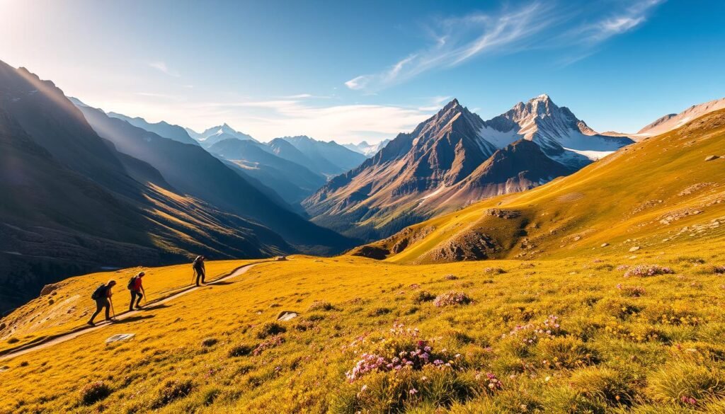 Sweeping vistas of Colorado's majestic mountains, bathed in golden afternoon light. Hikers traverse a winding trail, their silhouettes cutting across the rugged landscape. In the foreground, vibrant wildflowers dot the lush alpine meadow, swaying gently in a cool mountain breeze. Towering peaks rise up in the distance, their snow-capped summits touching the edge of a brilliant azure sky. A wide-angle lens captures the grand scale of this breathtaking scene, immersing the viewer in the peaceful solitude of the high country. Sweeping vistas of Colorado's majestic mountains, bathed in golden afternoon light. Hikers traverse a winding trail, their silhouettes cutting across the rugged landscape. In the foreground, vibrant wildflowers dot the lush alpine meadow, swaying gently in a cool mountain breeze. Towering peaks rise up in the distance, their snow-capped summits touching the edge of a brilliant azure sky. A wide-angle lens captures the grand scale of this breathtaking scene, immersing the viewer in the peaceful solitude of the high country.