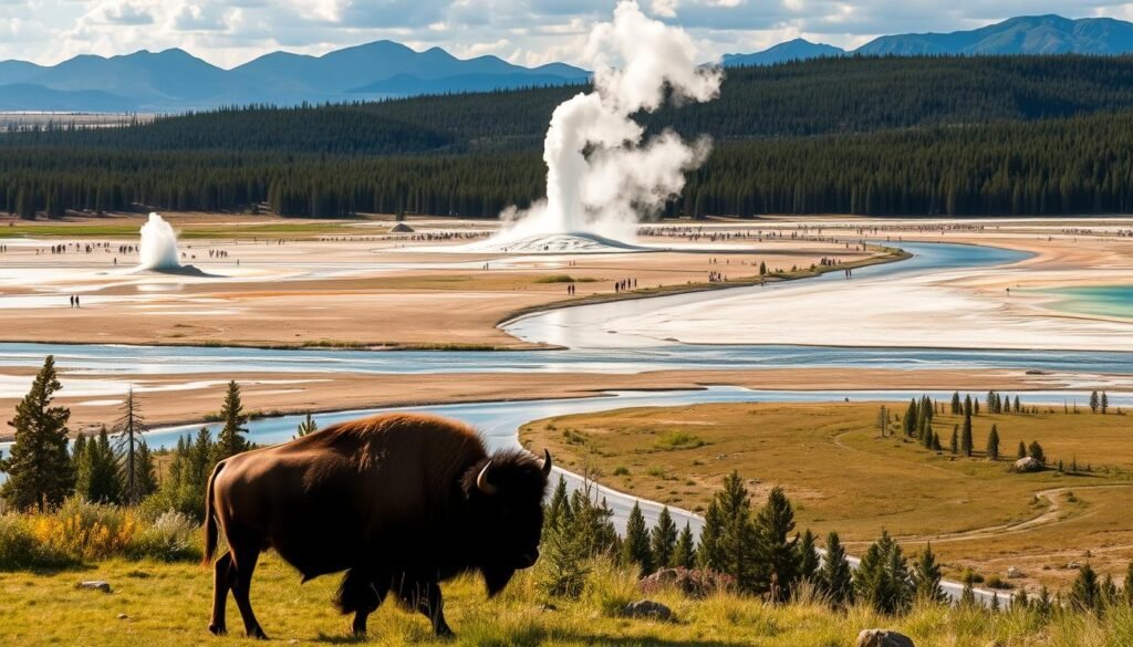 Sweeping vistas of Yellowstone National Park, where geysers erupt with mesmerizing power, and prismatic pools reflect the vibrant hues of the surrounding landscape. In the foreground, a majestic bison grazes peacefully, its robust frame silhouetted against the backdrop of towering mountains. The midground features a winding river, its waters shimmering in the warm summer sunlight, while the background is dominated by lush forests and the iconic skyline of the park. The scene is bathed in a warm, golden glow, capturing the essence of Yellowstone's awe-inspiring natural beauty and the peak summer crowds that flock to witness its splendor. Sweeping vistas of Yellowstone National Park, where geysers erupt with mesmerizing power, and prismatic pools reflect the vibrant hues of the surrounding landscape. In the foreground, a majestic bison grazes peacefully, its robust frame silhouetted against the backdrop of towering mountains. The midground features a winding river, its waters shimmering in the warm summer sunlight, while the background is dominated by lush forests and the iconic skyline of the park. The scene is bathed in a warm, golden glow, capturing the essence of Yellowstone's awe-inspiring natural beauty and the peak summer crowds that flock to witness its splendor.