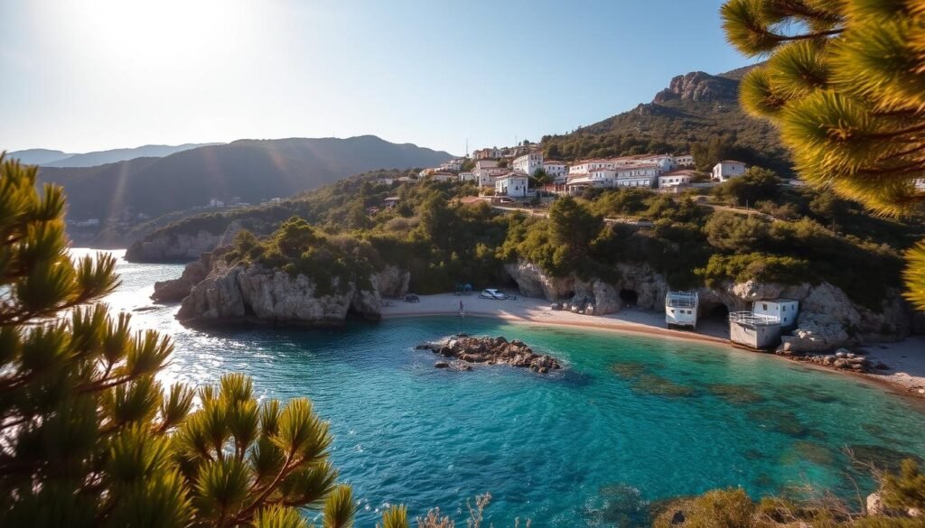 Thassos island, a jewel in the Aegean Sea, with its pristine marble beaches, pine-clad hills, and serene villages. A warm, golden afternoon sun bathes the scene, casting a soft, inviting glow over the turquoise waters and rugged coastline. In the foreground, a tranquil cove with crystal-clear waves lapping at the shore, surrounded by lush, verdant foliage. The middle ground features a winding path leading up into the hills, offering panoramic vistas of the island's natural beauty. In the distance, the silhouettes of traditional whitewashed buildings nestle among the undulating terrain, creating a picturesque and peaceful atmosphere.