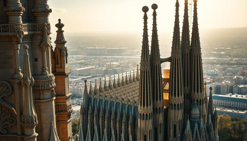 Towering, awe-inspiring Sagrada Familia cathedral, the iconic masterpiece of Antonio Gaudí. In the foreground, the intricate, organic stone façades rise majestically, adorned with ornate sculptural details. The midground showcases the graceful spires and towers, their shapes inspired by nature, reaching skyward. In the background, an ethereal, soft-focus cityscape frames the cathedral, with warm, golden sunlight filtering through. The scene evokes a sense of reverence and wonder, capturing the essence of Gaudí's innovative, visionary architecture. Shoot with a wide-angle lens to emphasize the grand scale, and use high dynamic range to balance the bright exteriors and shadowy interiors. The overall mood is one of tranquil contemplation, inviting the viewer to experience the Sagrada Familia's timeless beauty.