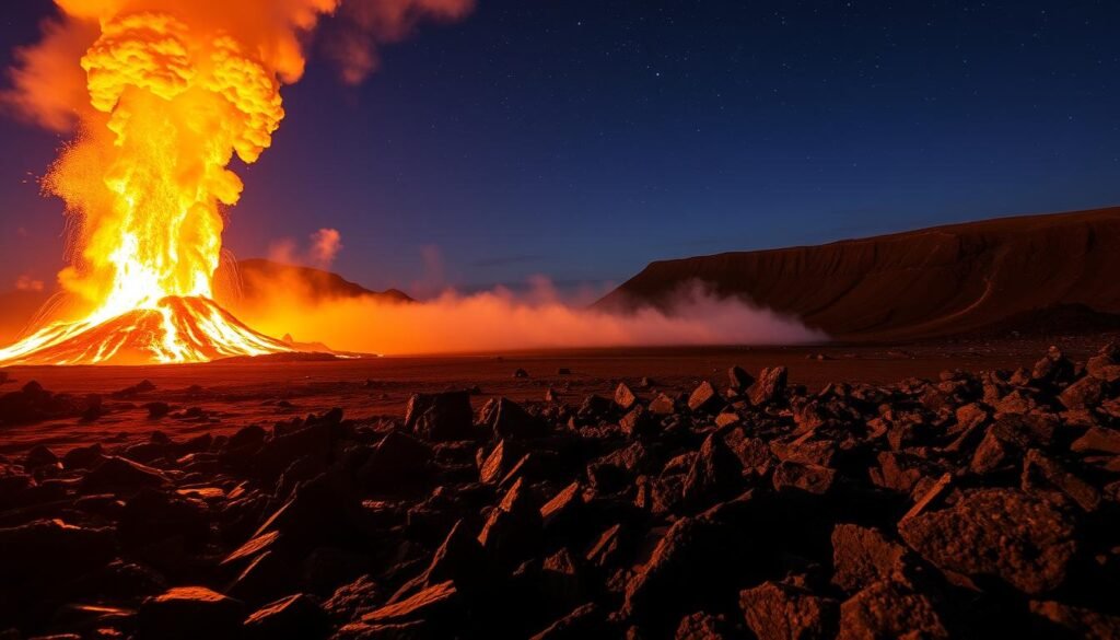 Towering plumes of fiery molten lava erupt from the earth, casting an otherworldly glow across the rugged, blackened terrain of the Big Island's volcanic landscape. In the foreground, jagged, razor-sharp lava rocks glisten under the warm, golden light, while in the distance, a vast, steaming lava field stretches out as far as the eye can see. The sky above is a deep, inky blue, dotted with a scattering of stars that twinkle like diamonds. The scene is both awe-inspiring and primordial, capturing the raw power and untamed beauty of Hawaii's volcanic heart. Towering plumes of fiery molten lava erupt from the earth, casting an otherworldly glow across the rugged, blackened terrain of the Big Island's volcanic landscape. In the foreground, jagged, razor-sharp lava rocks glisten under the warm, golden light, while in the distance, a vast, steaming lava field stretches out as far as the eye can see. The sky above is a deep, inky blue, dotted with a scattering of stars that twinkle like diamonds. The scene is both awe-inspiring and primordial, capturing the raw power and untamed beauty of Hawaii's volcanic heart.