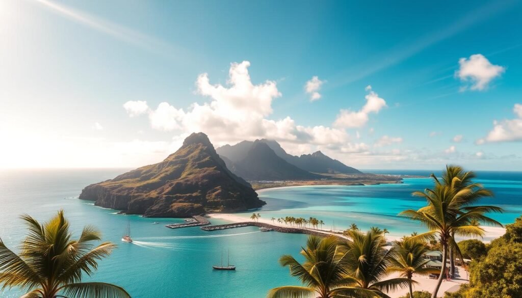 Two lush, verdant Hawaiian islands emerging from turquoise waters, their rocky shores meeting in a harmonious embrace. Sunlight filters through wispy clouds, casting a warm, golden glow over the idyllic scene. In the foreground, palm trees sway gently, their fronds casting playful shadows on the white sand beaches. The middle ground features a picturesque harbor, with traditional outrigger canoes dotting the calm, crystal-clear bay. In the distance, dramatic volcanic peaks rise, their jagged silhouettes forming a stunning backdrop to this perfect island pairing. The overall atmosphere is one of tranquility, natural beauty, and the alluring promise of adventure and discovery. Two lush, verdant Hawaiian islands emerging from turquoise waters, their rocky shores meeting in a harmonious embrace. Sunlight filters through wispy clouds, casting a warm, golden glow over the idyllic scene. In the foreground, palm trees sway gently, their fronds casting playful shadows on the white sand beaches. The middle ground features a picturesque harbor, with traditional outrigger canoes dotting the calm, crystal-clear bay. In the distance, dramatic volcanic peaks rise, their jagged silhouettes forming a stunning backdrop to this perfect island pairing. The overall atmosphere is one of tranquility, natural beauty, and the alluring promise of adventure and discovery.