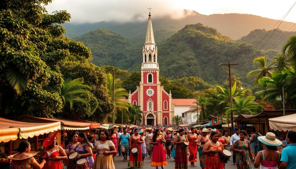 Vibrant Costa Rican festivals amid lush tropical foliage, with a colorful parade of locals in traditional dress dancing to the rhythmic beats of marimba music. In the foreground, a bustling marketplace displays an array of artisanal crafts, vibrant textiles, and fresh produce from nearby farms. In the middle ground, a towering Catholic church steeple stands proud, its ornate architecture a testament to the country's rich cultural heritage. The background is framed by verdant mountains, their peaks shrouded in wisps of mist, creating a serene and enchanting atmosphere. Warm, golden lighting filters through the scene, capturing the joy and energy of these community celebrations.