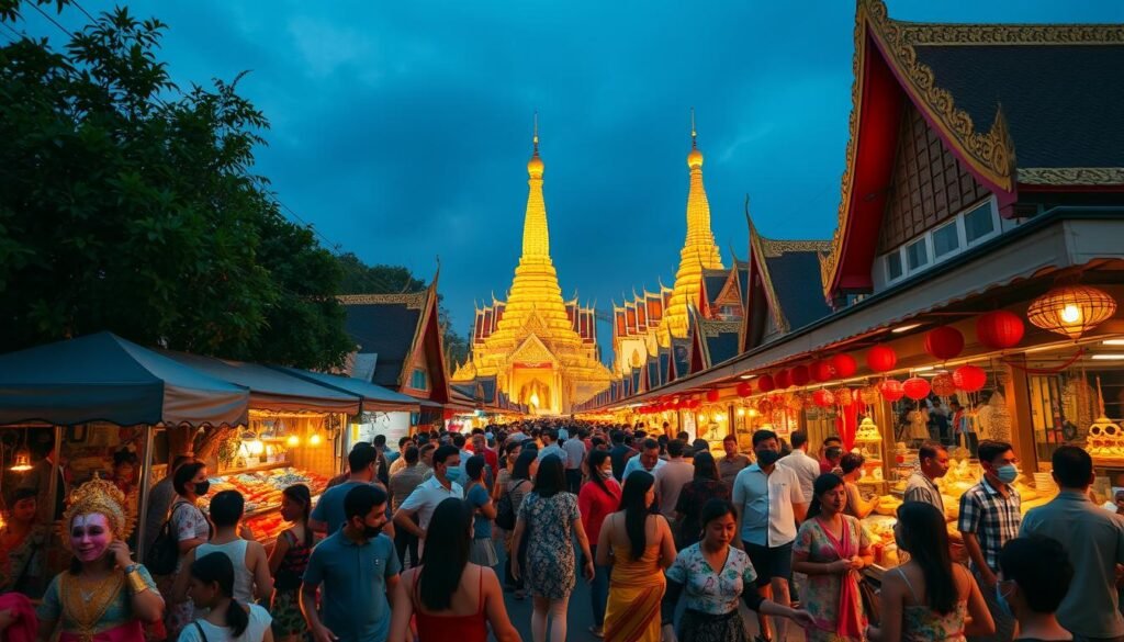 Vibrant and lively festivals in Thailand, captured with a wide-angle lens to showcase the bustling crowds, colorful decorations, and joyful atmosphere. In the foreground, revelers dance to the rhythmic beats of traditional music, their vibrant costumes and masks reflecting the rich cultural heritage. In the middle ground, stalls selling fragrant street food and handcrafted souvenirs line the streets, creating a lively marketplace. In the background, ornate temples and pagodas rise up, their intricate architecture and golden roofs adding to the sense of timeless tradition. The scene is illuminated by warm, soft lighting, casting a magical glow over the entire spectacle and evoking the celebratory spirit of Thailand's vibrant festivals.