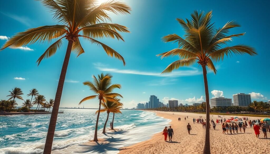 Vibrant azure skies stretch over sun-kissed sandy beaches, where rolling waves caress the shoreline. In the foreground, palm trees sway gently in a warm, salty breeze, casting dynamic shadows on the idyllic scene. The middle ground reveals bustling beachgoers strolling along the promenade, their vibrant outfits reflecting the lively, laidback atmosphere. In the distance, the iconic skyline of Miami rises, a blend of sleek, modern high-rises and lush, verdant foliage. Warm, golden hues bathe the entire landscape, evoking a sense of springtime energy and coastal bliss. Capture this breezy, sun-drenched vision of Miami's captivating beaches, a true oasis of art, culture, and natural beauty.