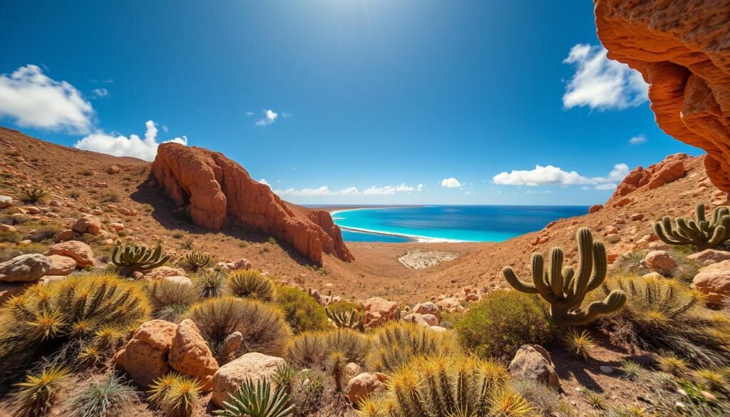 Vibrant blue skies, warm sun-kissed landscapes, and lush cacti-dotted hills of Arikok National Park in Aruba during the high season. A breathtaking vista reveals rugged rock formations and a glistening azure ocean in the distance, captured through a wide-angle lens. Soft, directional lighting accentuates the dramatic textures and colors, creating a serene, postcard-perfect scene. The overall mood is one of tranquility and adventure, inviting the viewer to immerse themselves in the natural beauty of this island paradise during its most picturesque time of year. Vibrant blue skies, warm sun-kissed landscapes, and lush cacti-dotted hills of Arikok National Park in Aruba during the high season. A breathtaking vista reveals rugged rock formations and a glistening azure ocean in the distance, captured through a wide-angle lens. Soft, directional lighting accentuates the dramatic textures and colors, creating a serene, postcard-perfect scene. The overall mood is one of tranquility and adventure, inviting the viewer to immerse themselves in the natural beauty of this island paradise during its most picturesque time of year.