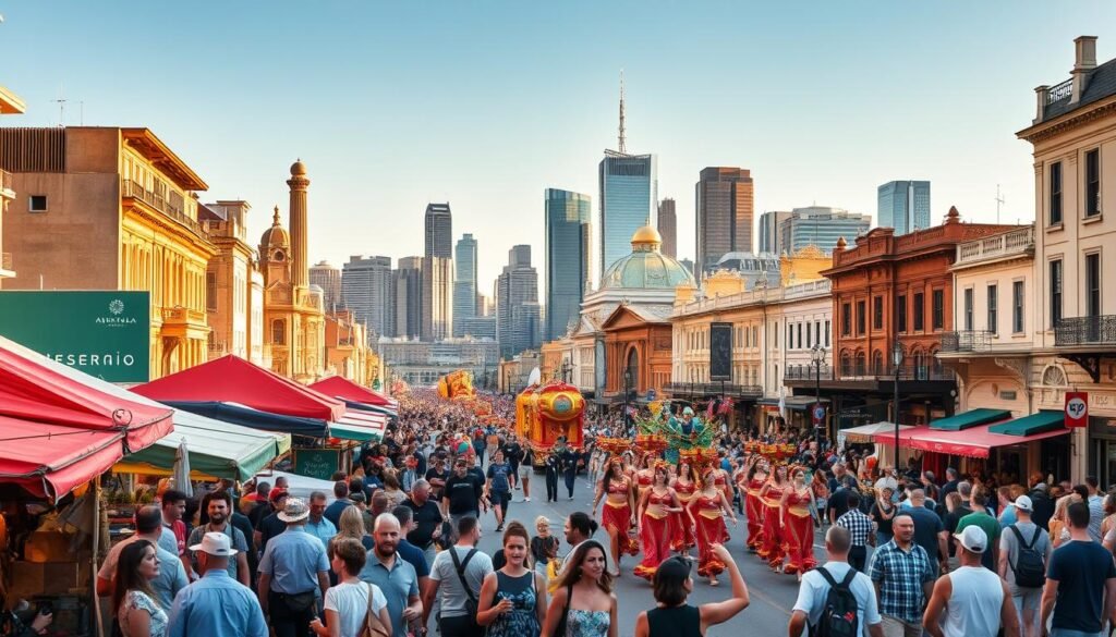 Vibrant festivals and lively events unfold against a backdrop of iconic Australian cityscapes. In the foreground, a bustling outdoor market teems with colorful wares and delectable aromas, while street performers captivate passersby. In the middle ground, a grand parade with ornate floats and costumed dancers weaves through the historic streets, their movements illuminated by warm, golden sunlight. In the distance, the silhouettes of towering skyscrapers and iconic landmarks rise, framing the scene with a sense of urban dynamism. The overall atmosphere exudes a palpable energy, capturing the spirit of Australia's diverse cultural celebrations and the joy of experiencing them firsthand. Vibrant festivals and lively events unfold against a backdrop of iconic Australian cityscapes. In the foreground, a bustling outdoor market teems with colorful wares and delectable aromas, while street performers captivate passersby. In the middle ground, a grand parade with ornate floats and costumed dancers weaves through the historic streets, their movements illuminated by warm, golden sunlight. In the distance, the silhouettes of towering skyscrapers and iconic landmarks rise, framing the scene with a sense of urban dynamism. The overall atmosphere exudes a palpable energy, capturing the spirit of Australia's diverse cultural celebrations and the joy of experiencing them firsthand.