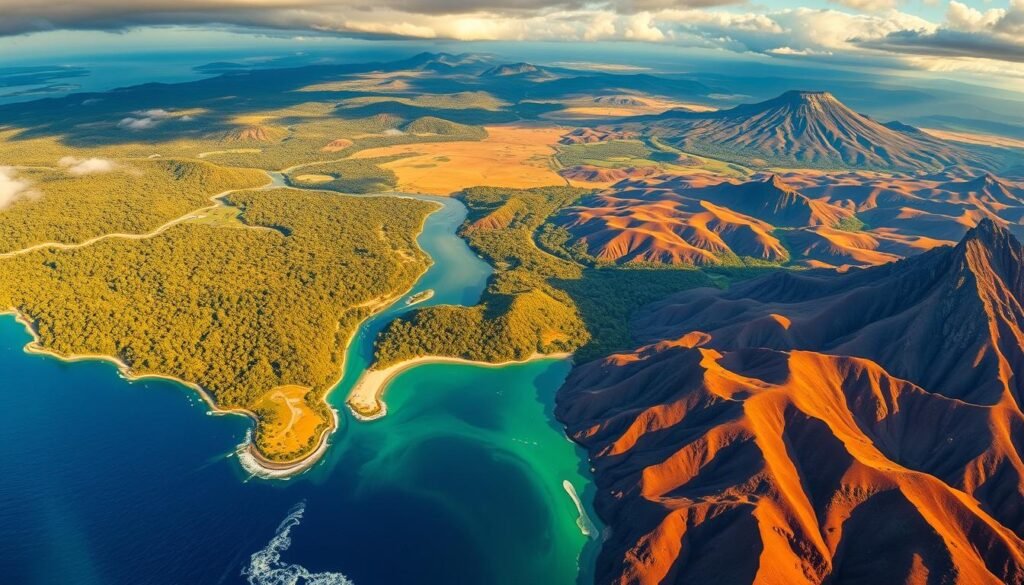 Vibrant tapestry of Brazil's diverse regions: lush Amazon rainforest, sun-kissed coastlines, rolling hills of the Cerrado, and majestic Andes peaks. Capture the essence of each unique landscape - verdant canopies, azure waters, ochre-hued savannas, and rugged alpine terrain. Dramatic lighting casts warm, golden tones across the varied terrains, creating a sense of depth and dimensionality. Shot with a wide-angle lens to showcase the expansive scale and interconnectivity of Brazil's distinct geographic zones. Convey a balanced, harmonious atmosphere that celebrates the country's incredible natural diversity.