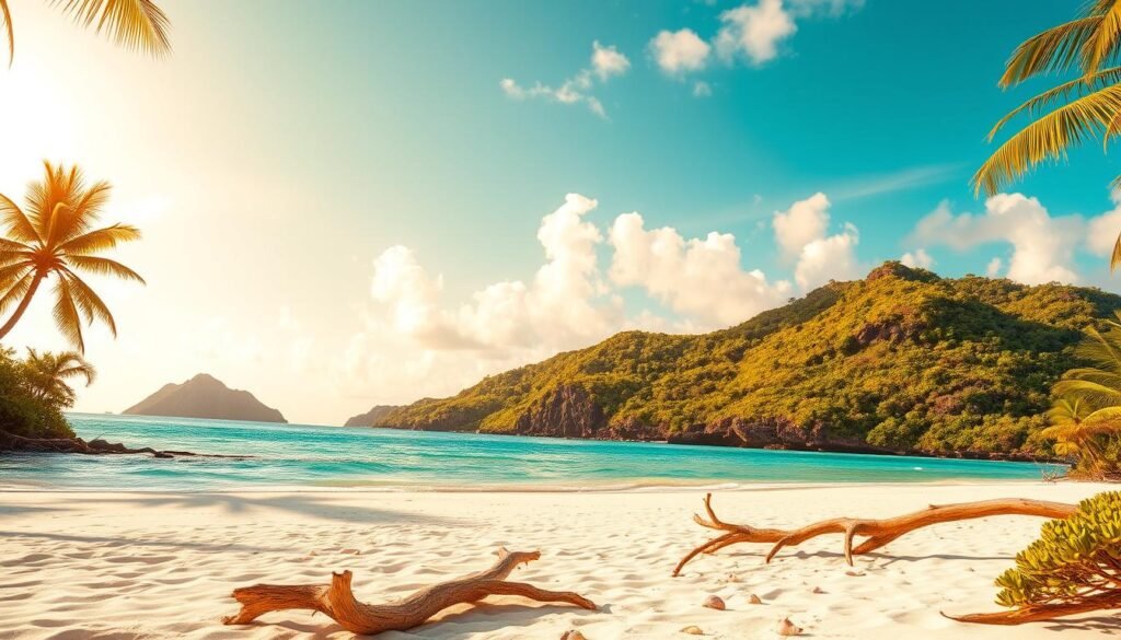 Vibrant tropical islands bathed in warm golden light, surrounded by turquoise waters and swaying palms. In the foreground, a pristine white-sand beach curves invitingly, dotted with sun-bleached driftwood and seashells. The middle ground features lush, verdant hills covered in a tapestry of verdant foliage, while the background showcases dramatic cliffs and rocky outcroppings. Cirrus clouds drift lazily across a bright azure sky, casting gentle shadows on the tranquil scene below. This cinematic, dreamy landscape evokes the essence of the Bahamas, capturing the paradise that awaits visitors throughout the year.