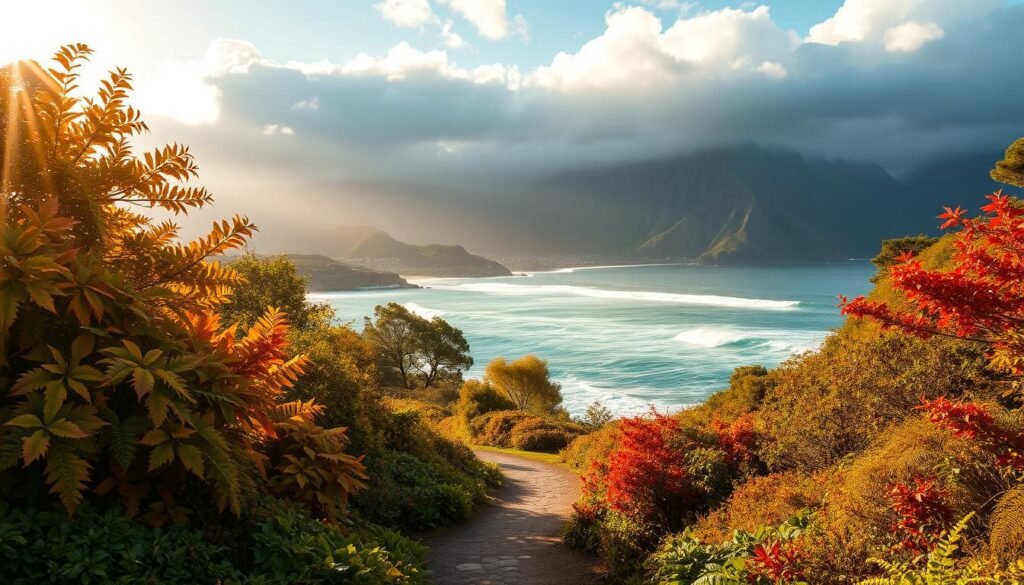Vivid autumn landscape on the North Shore of Oahu, Hawaii. In the foreground, a scenic coastal trail winds through lush, vibrant foliage - golden leaves, crimson maples, and verdant ferns. In the middle ground, a picturesque bay with rolling waves and surfers catching the swell. In the background, majestic mountains shrouded in mist, their peaks capped with wispy clouds. Warm, golden sunlight filters through the trees, casting a cozy, inviting glow over the entire scene. A serene, atmospheric vista capturing the essence of Hawaii's beautiful fall season. Vivid autumn landscape on the North Shore of Oahu, Hawaii. In the foreground, a scenic coastal trail winds through lush, vibrant foliage - golden leaves, crimson maples, and verdant ferns. In the middle ground, a picturesque bay with rolling waves and surfers catching the swell. In the background, majestic mountains shrouded in mist, their peaks capped with wispy clouds. Warm, golden sunlight filters through the trees, casting a cozy, inviting glow over the entire scene. A serene, atmospheric vista capturing the essence of Hawaii's beautiful fall season.