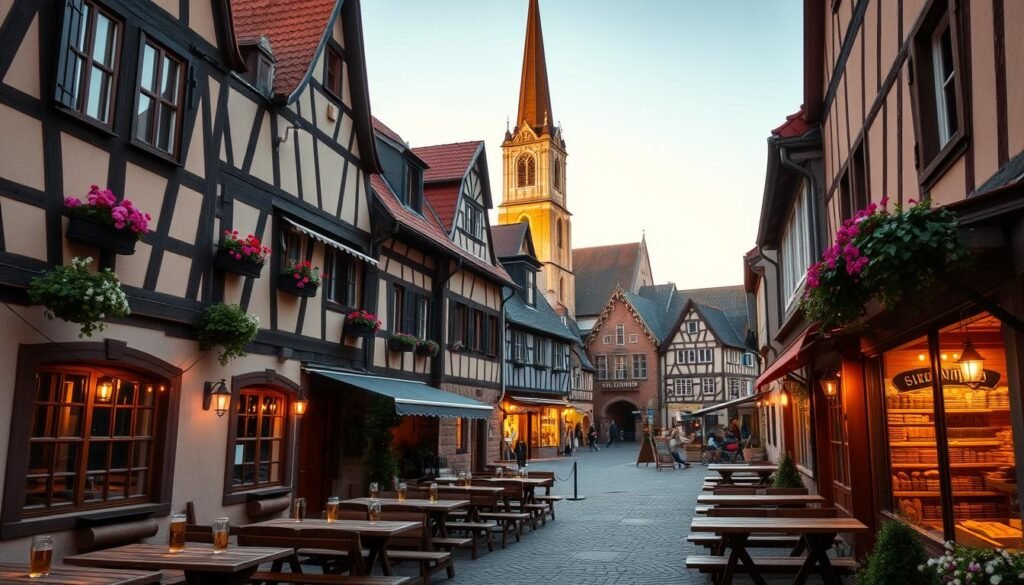Warm, rustic German-style architecture with half-timbered facades, gabled roofs, and charming flower-filled window boxes. A cozy biergarten in the foreground, with wooden tables and benches, the sound of lively conversation and the clinking of beer steins. In the middle ground, a traditional bakery with the aroma of freshly-baked bread and pastries wafting through the air. In the background, the steeple of a historic Lutheran church rises above the quaint town square, bathed in the soft, golden light of the setting sun. An atmosphere of cultural heritage, community, and the simple pleasures of life.