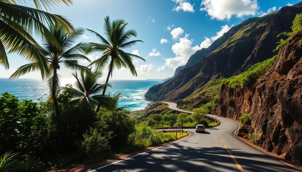Winding coastal road along Maui's rugged north shore, lush green foliage tumbling down to meet the turquoise waters of the Pacific Ocean. Sunlight filters through swaying palm trees, casting dappled shadows on the asphalt. In the distance, a lone vehicle navigates the hairpin turns, offering a glimpse of the journey ahead. Dramatic cliffs rise up on one side, their jagged profiles silhouetted against a blue sky dotted with fluffy white clouds. The serene, unhurried mood invites you to slow down, savor the scenery, and lose yourself in the tranquil beauty of the Road to Hāna. Winding coastal road along Maui's rugged north shore, lush green foliage tumbling down to meet the turquoise waters of the Pacific Ocean. Sunlight filters through swaying palm trees, casting dappled shadows on the asphalt. In the distance, a lone vehicle navigates the hairpin turns, offering a glimpse of the journey ahead. Dramatic cliffs rise up on one side, their jagged profiles silhouetted against a blue sky dotted with fluffy white clouds. The serene, unhurried mood invites you to slow down, savor the scenery, and lose yourself in the tranquil beauty of the Road to Hāna.
