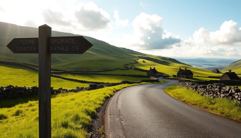 Winding country road through lush, rolling Irish countryside. Vibrant green hills, dotted with stone walls and thatched cottages, stretch out to the horizon. Sunlight filters through fluffy white clouds, casting a warm, golden glow across the scene. In the foreground, an old, weathered signpost points the way down the meandering asphalt path, inviting the viewer to embark on an adventure. The image has a sense of peaceful tranquility, capturing the essence of an idyllic Irish road trip. Winding country road through lush, rolling Irish countryside. Vibrant green hills, dotted with stone walls and thatched cottages, stretch out to the horizon. Sunlight filters through fluffy white clouds, casting a warm, golden glow across the scene. In the foreground, an old, weathered signpost points the way down the meandering asphalt path, inviting the viewer to embark on an adventure. The image has a sense of peaceful tranquility, capturing the essence of an idyllic Irish road trip.