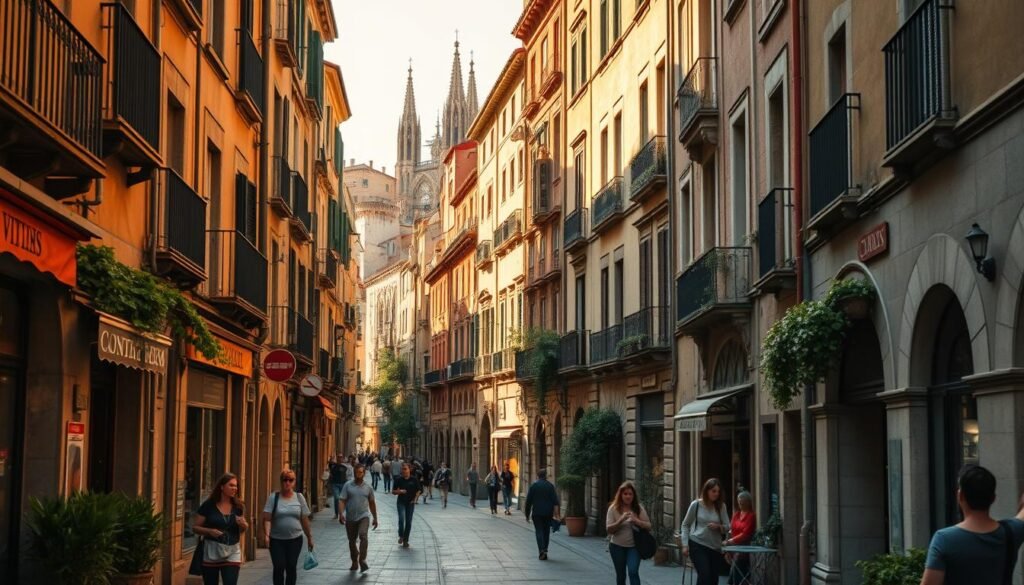 Winding streets of the Barri Gòtic, their historic facades bathed in warm, golden afternoon light. Pedestrians strolling leisurely, immersed in the vibrant, lively atmosphere. Quaint storefronts, charming cafes, and lush greenery lining the narrow alleys. A sense of timeless enchantment as you wander through this captivating medieval quarter. In the distance, the iconic spires of the Barcelona Cathedral pierce the sky, adding to the picturesque ambiance. Capture the essence of this enchanting neighborhood through a cinematic, high-resolution image with a shallow depth of field, emphasizing the intricate details and the inviting, atmospheric quality of the scene.