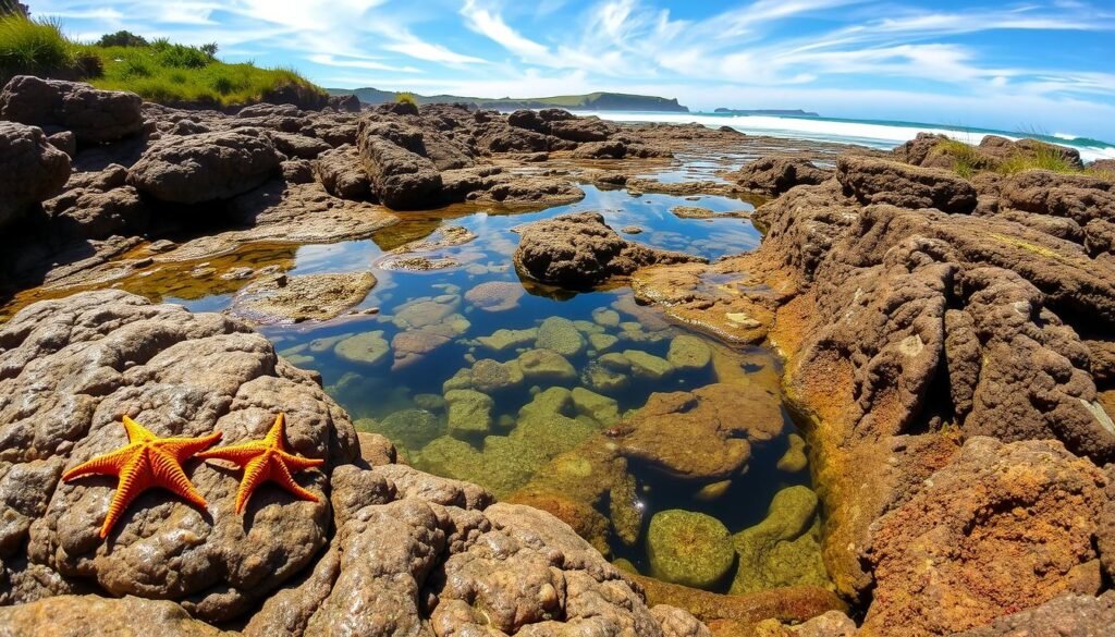 Yachats tide pools, a coastal tapestry of intricate rock formations and crystal-clear waters, glistening under the warm July sun. In the foreground, delicate starfish and anemones cling to the craggy surfaces, their vibrant hues contrasting with the muted tones of the weathered rocks. The middle ground reveals a network of shallow tidal pools, mirroring the wispy clouds above and inviting exploration. In the distance, the majestic Oregon coastline stretches, dotted with verdant cliffs and swaying grasses, creating a sense of serene tranquility. Capture this picturesque scene with a wide-angle lens, allowing the viewer to immerse themselves in the natural wonder of Yachats' tide pool paradise.