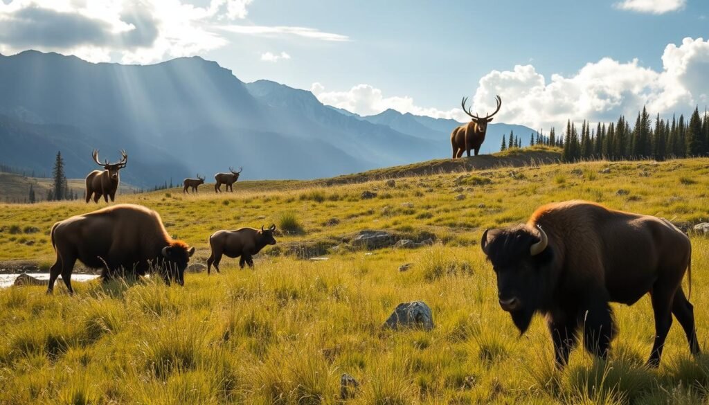 Yellowstone in the summertime, sun-dappled meadows teeming with wildlife. In the foreground, a majestic bison grazes, its shaggy coat glistening. In the middle ground, a grizzly bear ambles through tall grasses, keen eyes scanning for salmon in the nearby stream. In the distance, a herd of elk silhouetted against the rugged mountains, their graceful antlers reaching skyward. Soft, warm lighting filters through wispy clouds, casting a golden glow over the entire scene. A wide-angle lens captures the grandeur of this iconic landscape, where nature's finest creatures thrive in their natural habitat. Yellowstone in the summertime, sun-dappled meadows teeming with wildlife. In the foreground, a majestic bison grazes, its shaggy coat glistening. In the middle ground, a grizzly bear ambles through tall grasses, keen eyes scanning for salmon in the nearby stream. In the distance, a herd of elk silhouetted against the rugged mountains, their graceful antlers reaching skyward. Soft, warm lighting filters through wispy clouds, casting a golden glow over the entire scene. A wide-angle lens captures the grandeur of this iconic landscape, where nature's finest creatures thrive in their natural habitat.