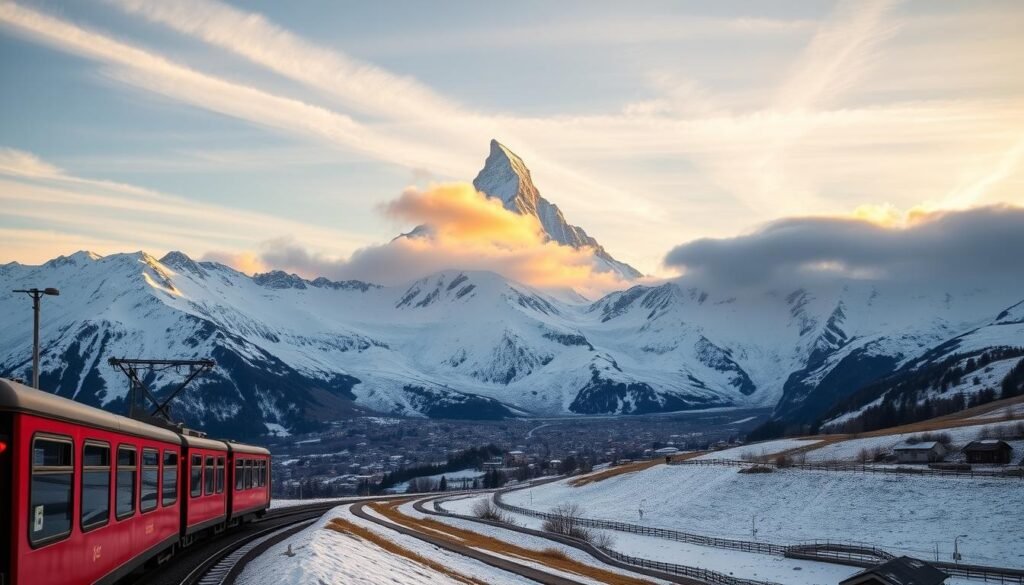 Zermatt, a picturesque Swiss town nestled in the shadow of the iconic Matterhorn. A wide-angle lens captures the majestic peak rising above a panorama of snowy mountains, their slopes adorned with lush alpine meadows. In the foreground, a scenic railway chugs along, offering passengers breathtaking views of the glacial landscape. The warm, golden light of the setting sun casts a soft glow over the scene, creating a sense of serene tranquility. Wispy clouds drift across the sky, adding depth and dimension to the awe-inspiring vista. This idyllic setting invites the viewer to embark on a journey of mountain exploration, discovering the natural wonders and outdoor adventures that make Zermatt a true jewel of the Swiss Alps. Zermatt, a picturesque Swiss town nestled in the shadow of the iconic Matterhorn. A wide-angle lens captures the majestic peak rising above a panorama of snowy mountains, their slopes adorned with lush alpine meadows. In the foreground, a scenic railway chugs along, offering passengers breathtaking views of the glacial landscape. The warm, golden light of the setting sun casts a soft glow over the scene, creating a sense of serene tranquility. Wispy clouds drift across the sky, adding depth and dimension to the awe-inspiring vista. This idyllic setting invites the viewer to embark on a journey of mountain exploration, discovering the natural wonders and outdoor adventures that make Zermatt a true jewel of the Swiss Alps.