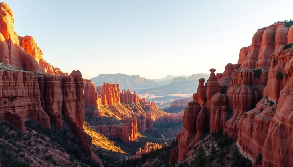 Zion and Bryce Utah National Parks: Majestic sandstone landscapes bathed in warm afternoon light. In the foreground, towering crimson cliffs of Zion rise skyward, their weathered facades carved by centuries of erosion. In the middle ground, the hoodoos of Bryce Canyon reach heavenward, their whimsical shapes sculpted by wind and water. A panoramic vista stretches to the horizon, where distant mesas and buttes cast long shadows across the desert floor. Capture the scale and grandeur of these iconic American landscapes, framed by a wide-angle lens to emphasize their dramatic scale and natural beauty. Zion and Bryce Utah National Parks: Majestic sandstone landscapes bathed in warm afternoon light. In the foreground, towering crimson cliffs of Zion rise skyward, their weathered facades carved by centuries of erosion. In the middle ground, the hoodoos of Bryce Canyon reach heavenward, their whimsical shapes sculpted by wind and water. A panoramic vista stretches to the horizon, where distant mesas and buttes cast long shadows across the desert floor. Capture the scale and grandeur of these iconic American landscapes, framed by a wide-angle lens to emphasize their dramatic scale and natural beauty.