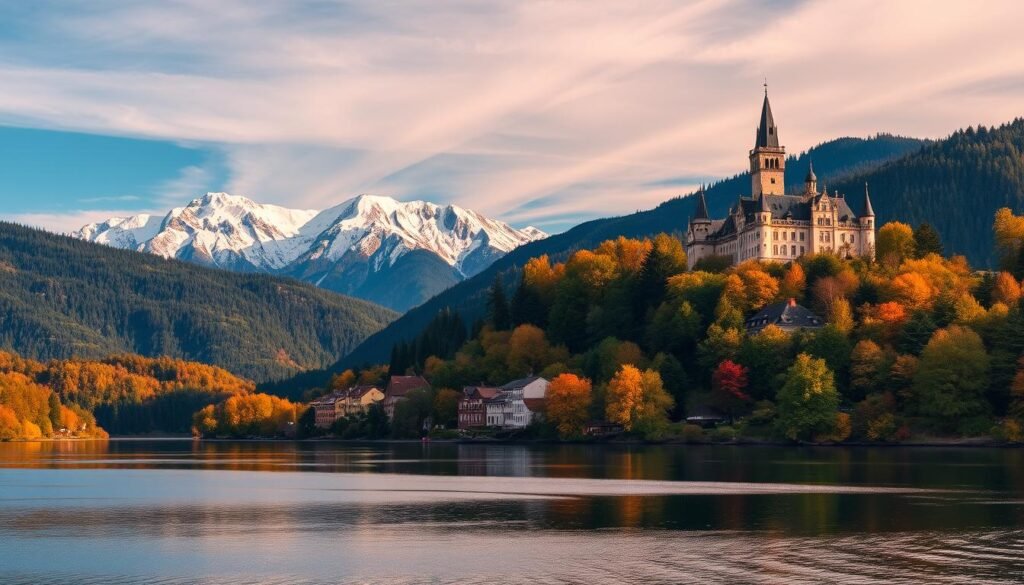 a breathtaking landscape featuring the most iconic landmarks of Europe during the four seasons. in the foreground, a serene lake reflects the vibrant colors of fall foliage, with a quaint village nestled on the shore. in the middle ground, a majestic snow-capped mountain range rises against a clear blue sky, framed by lush green forests in the summer. in the background, a medieval castle stands tall on a hilltop, its elegant towers silhouetted against a warm, golden sunset in the spring. the scene is bathed in soft, diffused natural lighting, creating a sense of timeless beauty and wonder. the overall composition evokes the diverse beauty and allure of europe throughout the year.