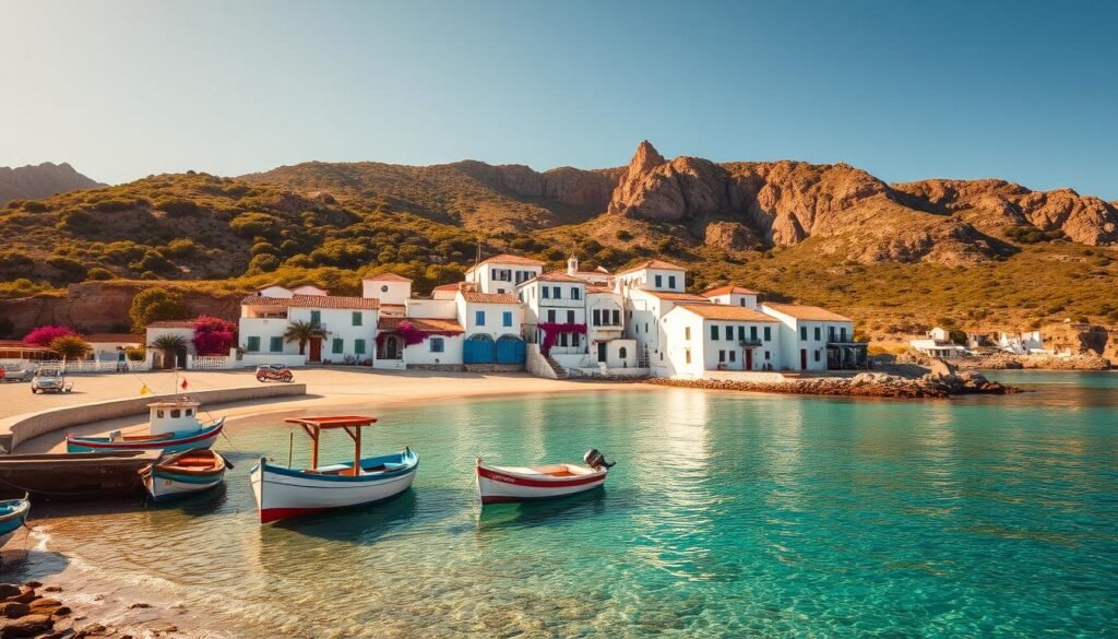 a coastal island paradise with a quaint seaside village nestled in a picturesque cove, with crystal-clear turquoise waters lapping against a sandy beach. in the foreground, colorful fishing boats are moored at a small dock, their vibrant hulls reflecting in the calm waters. the middle ground features a cluster of whitewashed buildings with red-tiled roofs, their windows and doors adorned with bright bougainvillea vines. in the background, rugged hills and cliffs rise up, covered in lush, verdant vegetation. the scene is bathed in warm, golden sunlight, creating a serene and inviting atmosphere. the overall composition evokes the tranquil charm and natural beauty of a quintessential Greek island getaway. a coastal island paradise with a quaint seaside village nestled in a picturesque cove, with crystal-clear turquoise waters lapping against a sandy beach. in the foreground, colorful fishing boats are moored at a small dock, their vibrant hulls reflecting in the calm waters. the middle ground features a cluster of whitewashed buildings with red-tiled roofs, their windows and doors adorned with bright bougainvillea vines. in the background, rugged hills and cliffs rise up, covered in lush, verdant vegetation. the scene is bathed in warm, golden sunlight, creating a serene and inviting atmosphere. the overall composition evokes the tranquil charm and natural beauty of a quintessential Greek island getaway.