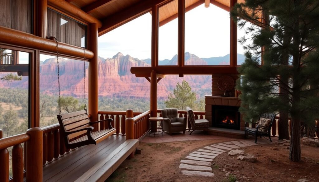 a cozy cabin nestled in the hills overlooking Zion National Park, with a large picture window framing the stunning red rock formations in the distance. The cabin has a rustic, but well-appointed exterior, with a wooden deck and porch swing inviting visitors to relax and take in the serene surroundings. The interior is warm and inviting, with a fireplace crackling, and large comfy chairs positioned to enjoy the breathtaking views. Soft natural lighting filters in through the windows, creating a peaceful and tranquil atmosphere. A path winds through the trees, leading towards the park's entrance, hinting at the adventures waiting to be discovered. a cozy cabin nestled in the hills overlooking Zion National Park, with a large picture window framing the stunning red rock formations in the distance. The cabin has a rustic, but well-appointed exterior, with a wooden deck and porch swing inviting visitors to relax and take in the serene surroundings. The interior is warm and inviting, with a fireplace crackling, and large comfy chairs positioned to enjoy the breathtaking views. Soft natural lighting filters in through the windows, creating a peaceful and tranquil atmosphere. A path winds through the trees, leading towards the park's entrance, hinting at the adventures waiting to be discovered.
