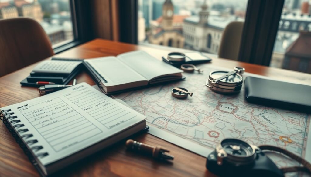 a detailed logistical illustration of trip planning, with a traveler's journal, a calendar, a map, a compass, and other travel accessories arranged on a wooden table, under warm, natural lighting, with a blurred cityscape visible through a window in the background, conveying a sense of organization, preparation, and excitement for an upcoming trip to London. a detailed logistical illustration of trip planning, with a traveler's journal, a calendar, a map, a compass, and other travel accessories arranged on a wooden table, under warm, natural lighting, with a blurred cityscape visible through a window in the background, conveying a sense of organization, preparation, and excitement for an upcoming trip to London.