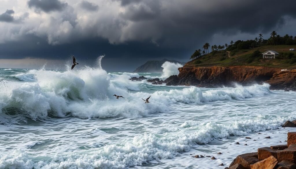a dramatic scene of a powerful hurricane during the peak of the season, capturing the intense wind, rain, and churning waves crashing against a rocky coastline. The foreground depicts massive swells and whitecaps, with debris and seabirds being tossed about. In the middle ground, dark storm clouds loom overhead, lit by occasional bursts of lightning. The background features a rugged, windswept landscape, with trees and buildings battling the relentless tempest. The overall tone is one of raw, unforgiving power of nature, conveying the challenges and risks associated with hurricane season. a dramatic scene of a powerful hurricane during the peak of the season, capturing the intense wind, rain, and churning waves crashing against a rocky coastline. The foreground depicts massive swells and whitecaps, with debris and seabirds being tossed about. In the middle ground, dark storm clouds loom overhead, lit by occasional bursts of lightning. The background features a rugged, windswept landscape, with trees and buildings battling the relentless tempest. The overall tone is one of raw, unforgiving power of nature, conveying the challenges and risks associated with hurricane season.