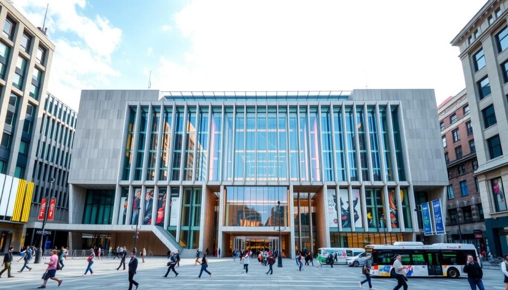 a large, modern museum with a striking architectural design featuring clean lines, geometric shapes, and a mix of glass, steel, and concrete. The building is situated in a bustling city square, with pedestrians milling about and public transportation options visible in the background. The museum's entrance is grand and inviting, with a towering atrium and a large, open plaza in front. The interior is filled with natural light, highlighting the artworks and exhibits displayed within. The overall mood is one of cultural sophistication, wonder, and a sense of discovery.