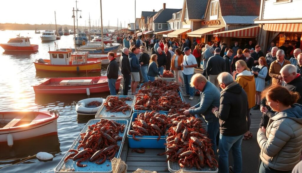 a lively, vibrant scene of a bustling lobster season in a coastal town, with fishermen hauling in their daily catch from their brightly-colored boats anchored in the harbor, the sun glinting off the calm waters and casting warm, golden light across the weathered wooden docks; in the foreground, a group of local residents and tourists haggle with the fishermen, examining the fresh lobsters and negotiating prices, while in the background, seafood restaurants and market stalls spill out onto the streets, the air filled with the tantalizing aromas of sizzling lobster dishes and the lively chatter of the crowd; the overall atmosphere captures the energy and excitement of this annual celebration of the local maritime tradition a lively, vibrant scene of a bustling lobster season in a coastal town, with fishermen hauling in their daily catch from their brightly-colored boats anchored in the harbor, the sun glinting off the calm waters and casting warm, golden light across the weathered wooden docks; in the foreground, a group of local residents and tourists haggle with the fishermen, examining the fresh lobsters and negotiating prices, while in the background, seafood restaurants and market stalls spill out onto the streets, the air filled with the tantalizing aromas of sizzling lobster dishes and the lively chatter of the crowd; the overall atmosphere captures the energy and excitement of this annual celebration of the local maritime tradition