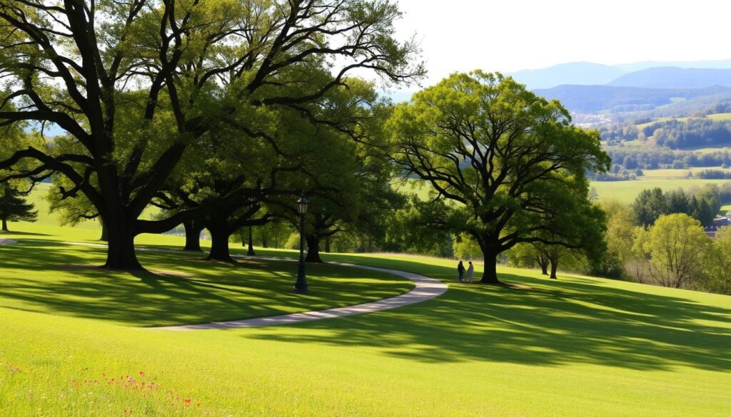 a peaceful, lush park in Lancaster, Pennsylvania on a sunny day. In the foreground, a grassy expanse dotted with colorful wildflowers and a winding path leading visitors through the scene. In the middle ground, towering oak and maple trees provide dappled shade, their branches swaying gently in a light breeze. In the background, the rolling hills of the Pennsylvania countryside stretch out, with the distant silhouettes of the Appalachian Mountains visible on the horizon. The lighting is warm and golden, creating a serene and inviting atmosphere perfect for outdoor recreation and relaxation.
