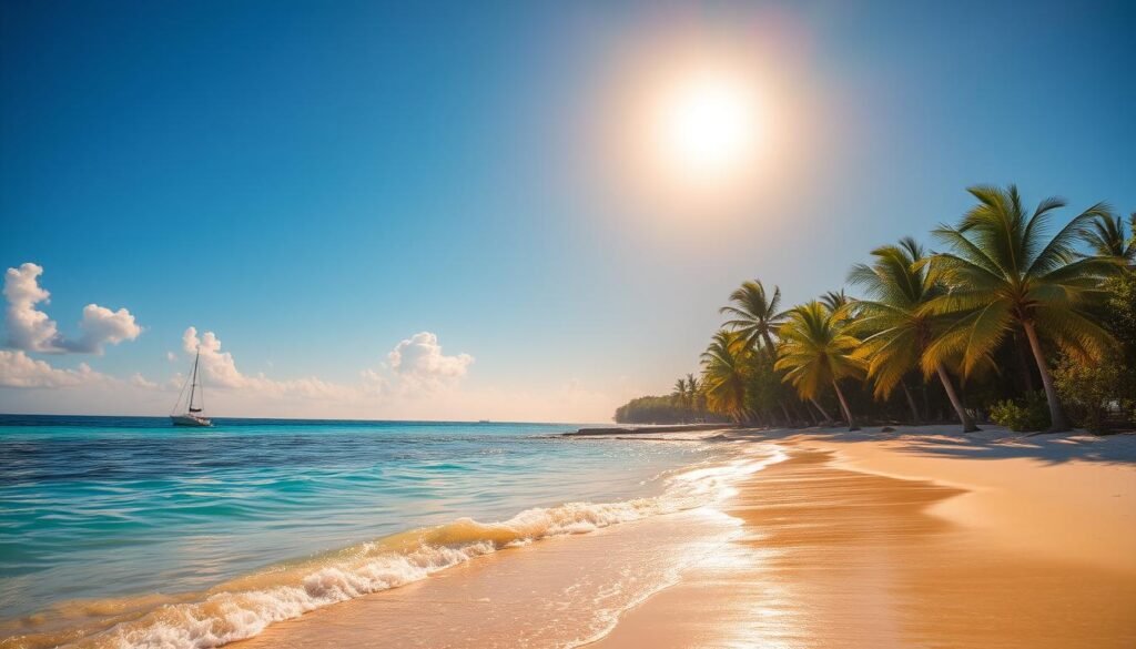 a picturesque tropical beach in Belize during the best time of year to visit, with crystal clear turquoise waters lapping at golden sand, flanked by lush palm trees swaying gently in the breeze. The sun is high in a cloudless azure sky, casting a warm, golden glow over the scene. In the distance, a small sailboat glides gracefully across the tranquil surface of the ocean. The overall atmosphere is one of serene relaxation and natural beauty, perfectly capturing the ideal conditions for a visit to Belize. a picturesque tropical beach in Belize during the best time of year to visit, with crystal clear turquoise waters lapping at golden sand, flanked by lush palm trees swaying gently in the breeze. The sun is high in a cloudless azure sky, casting a warm, golden glow over the scene. In the distance, a small sailboat glides gracefully across the tranquil surface of the ocean. The overall atmosphere is one of serene relaxation and natural beauty, perfectly capturing the ideal conditions for a visit to Belize.