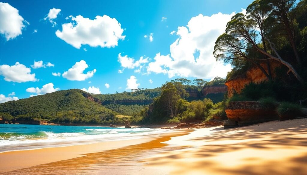a scenic coastal landscape of new south wales, australia. in the foreground, a sun-drenched beach with golden sand and gently lapping waves. in the middle ground, lush green hills and towering eucalyptus trees. in the background, rugged sandstone cliffs and a brilliant azure sky with fluffy white clouds. the lighting is warm and soft, creating a serene and inviting atmosphere. the composition is balanced, with the natural elements flowing seamlessly together. the image conveys the natural beauty and tranquility of the new south wales coastline. a scenic coastal landscape of new south wales, australia. in the foreground, a sun-drenched beach with golden sand and gently lapping waves. in the middle ground, lush green hills and towering eucalyptus trees. in the background, rugged sandstone cliffs and a brilliant azure sky with fluffy white clouds. the lighting is warm and soft, creating a serene and inviting atmosphere. the composition is balanced, with the natural elements flowing seamlessly together. the image conveys the natural beauty and tranquility of the new south wales coastline.