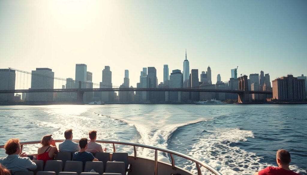 a scenic view of the new york city skyline from the deck of a budget-friendly ferry, with the iconic brooklyn bridge and statue of liberty visible in the distance. the ferry is cutting through the calm waters of the east river, with the sun casting a warm glow over the cityscape. the foreground features passengers relaxing and taking in the sights, while the middle ground showcases the ferry's functional and practical design. the background is dominated by the towering skyscrapers of lower manhattan, creating a stunning contrast between the modern urban landscape and the tranquil waterway. the overall mood is one of leisurely exploration and appreciation for the city's iconic landmarks, all accessible through an affordable and accessible mode of transportation. a scenic view of the new york city skyline from the deck of a budget-friendly ferry, with the iconic brooklyn bridge and statue of liberty visible in the distance. the ferry is cutting through the calm waters of the east river, with the sun casting a warm glow over the cityscape. the foreground features passengers relaxing and taking in the sights, while the middle ground showcases the ferry's functional and practical design. the background is dominated by the towering skyscrapers of lower manhattan, creating a stunning contrast between the modern urban landscape and the tranquil waterway. the overall mood is one of leisurely exploration and appreciation for the city's iconic landmarks, all accessible through an affordable and accessible mode of transportation.