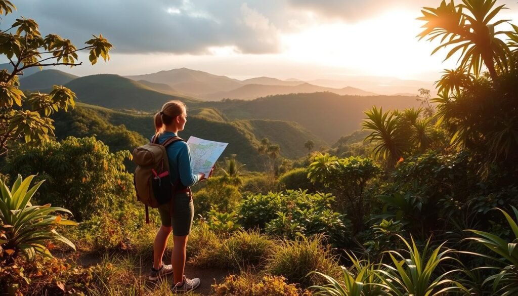 a serene Costa Rican landscape with vibrant foliage, rolling hills, and a picturesque vista in the background. In the foreground, a hiker stands with a backpack, contemplating their travel map, aligning their trip goals with the perfect destination for that month. Soft, warm lighting filters through the lush vegetation, creating a tranquil and inviting atmosphere. The scene conveys a sense of exploration, adventure, and the joy of discovering the hidden gems of Costa Rica.