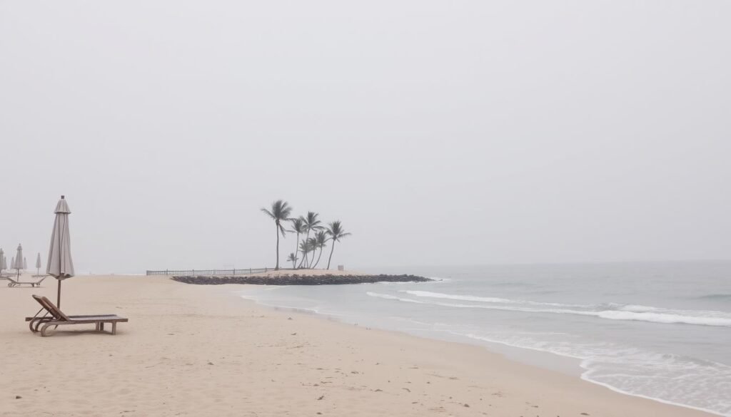 a serene, deserted beach at low season, with a soft, overcast sky and gentle waves lapping the shore. in the foreground, a few weathered lounge chairs and umbrellas stand abandoned, hinting at the off-peak period. the middle ground features a sparse scattering of palm trees, their fronds swaying in a light breeze. the background is dominated by a hazy, distant horizon, creating a sense of tranquility and isolation. the overall mood is one of quietude and solitude, reflecting the low-season experience of fewer crowds and a more peaceful, contemplative atmosphere.