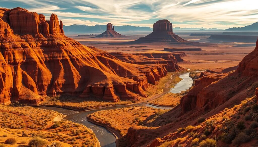 a vast desert landscape with towering red-rock canyons and mesas, bathed in warm, golden sunlight filtering through wispy clouds. in the foreground, a winding river cuts through the rugged terrain, its banks dotted with hardy desert shrubs and cacti. in the middle ground, majestic sandstone formations rise up, their weathered surfaces casting dramatic shadows across the scene. in the background, a dreamlike skyline of distant mountains fades into a hazy horizon. the overall atmosphere is one of serene, unspoiled wilderness, evoking a sense of timeless, rugged beauty. a vast desert landscape with towering red-rock canyons and mesas, bathed in warm, golden sunlight filtering through wispy clouds. in the foreground, a winding river cuts through the rugged terrain, its banks dotted with hardy desert shrubs and cacti. in the middle ground, majestic sandstone formations rise up, their weathered surfaces casting dramatic shadows across the scene. in the background, a dreamlike skyline of distant mountains fades into a hazy horizon. the overall atmosphere is one of serene, unspoiled wilderness, evoking a sense of timeless, rugged beauty.