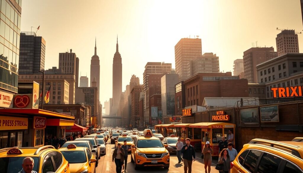 a vibrant cityscape of New York City, bathed in warm golden sunlight, with the iconic skyline of skyscrapers and landmarks like the Empire State Building, Statue of Liberty, and Brooklyn Bridge visible in the distance. In the foreground, a bustling street scene with yellow taxi cabs, pedestrians hurrying to and fro, and street vendors selling hot dogs and pretzels. The mood is lively and energetic, capturing the pulse of the city that never sleeps. Shoot with a wide-angle lens to showcase the grandeur and scale of the urban landscape.