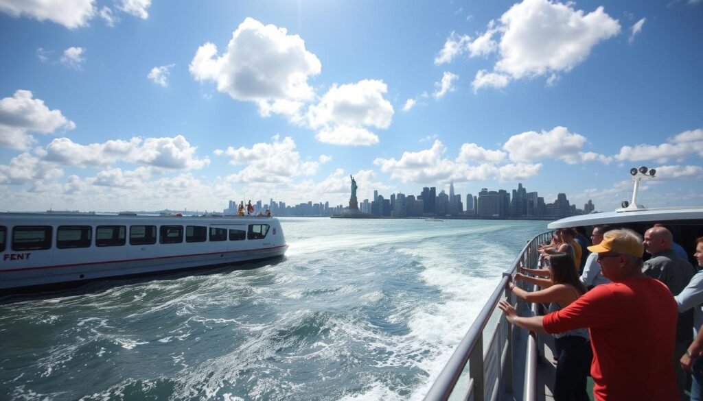 a wide-angle shot of the iconic staten island ferry, cutting through the choppy waters of new york harbor on a bright, blustery day. the ferry's sleek, gray hull glides effortlessly, its windows gleaming in the sunlight. in the foreground, passengers lean against the railings, gazing out at the breathtaking views of the manhattan skyline and the majestic statue of liberty in the distance. the sky is a vibrant blue, dotted with fluffy white clouds. the scene is filled with a sense of adventure and exploration, capturing the energy and excitement of a family-friendly journey across the harbor.