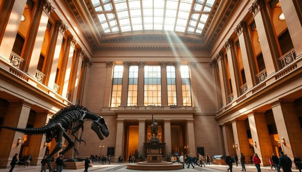 american museum natural, the iconic institution in new york city, with its majestic neo-romanesque facade bathed in warm golden light. the grand entrance invites visitors into a world of wonder, where towering dinosaur skeletons and life-size dioramas transport them back in time. the interior is filled with natural light, streaming through large windows that offer glimpses of the bustling city streets outside. the main hall features a massive central atrium, its soaring ceilings and elegant architectural details creating a sense of awe and discovery. the museum's diverse collection, from precious gemstones to ancient artifacts, is showcased in meticulously curated exhibits, inspiring curiosity and a deeper appreciation for the natural world.